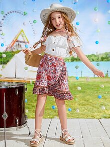 SHEIN Girls Floral Print Ruffle Trim Skirt - Multicolor - View 5