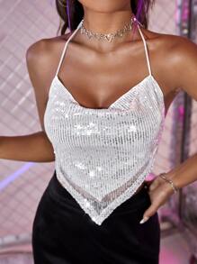 SHEIN BAE 垂墜頭巾下擺後背繫帶短款亮片掛脖上衣 - 白色 - 查看 1