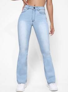 High Waist Graphic Embroidery Flare Leg Jeans - Light Wash - View 1