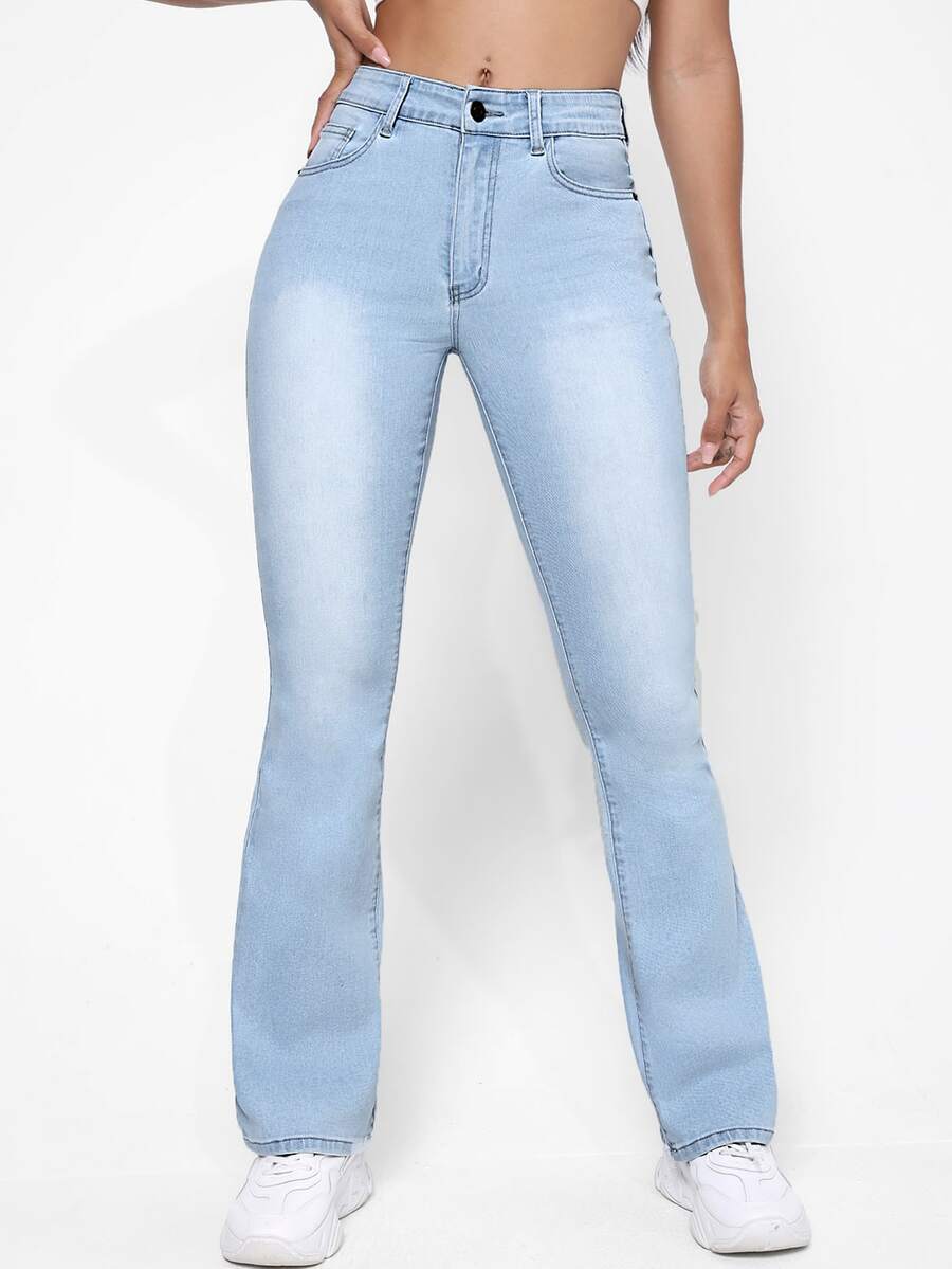 High Waist Graphic Embroidery Flare Leg Jeans - Light Wash - View 1