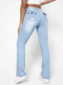 High Waist Graphic Embroidery Flare Leg Jeans - Light Wash - View 2