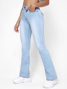 High Waist Graphic Embroidery Flare Leg Jeans - Light Wash - View 3