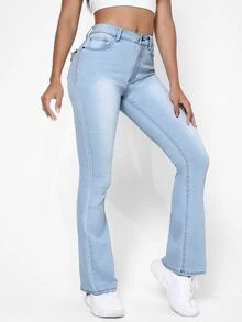 High Waist Graphic Embroidery Flare Leg Jeans - Light Wash - View 4