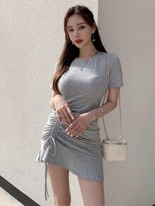 DAZY Drawstring Ruched Ruffle Hem Dress,Casual Women Dresses - Light Grey - View 7