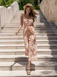 SHEIN Unity Floral & Paisley Print Ruffle Trim Wide Leg Belted Jumpsuit