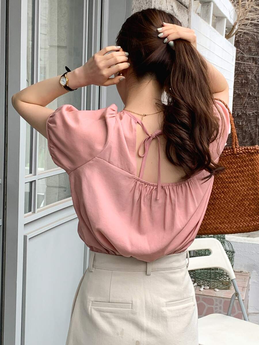 DAZY Tie Back Puff Sleeve Blouse - Pink - View 1