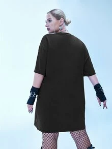Plus Slogan Graphic Drop Shoulder Tee Dress - Black - View 2