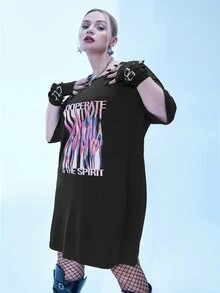 Plus Slogan Graphic Drop Shoulder Tee Dress - Black - View 3