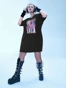 Plus Slogan Graphic Drop Shoulder Tee Dress - Black - View 4
