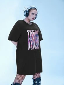 Plus Slogan Graphic Drop Shoulder Tee Dress - Black - View 5