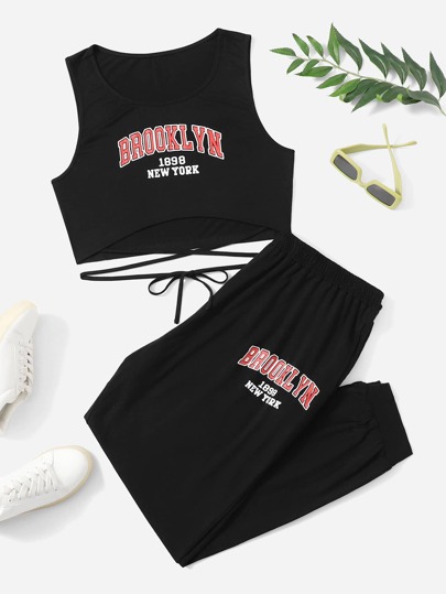 لباس علوي تانك بطباعة أحرف متقاطع بربطة ظهر مع بنطلون رياضي مقاس كبير