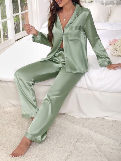 Solid Button Front Satijnen Top Pants PJ Set Pajama Cozy Elegante s, Fall Clothes