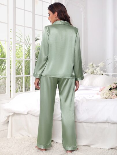 Solid Button Front Satijnen Top Pants PJ Set Pajama Cozy Elegante s, Fall Clothes view 2