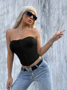 INAWLY INAWLY Solid Crop Tube Top - Black - View 5