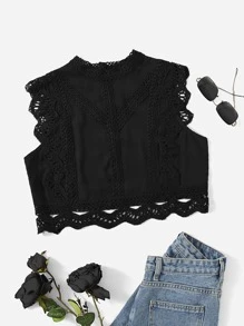 Soleia Contrast Lace Mock Neck Crop Top - Black - View 1