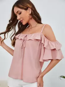 SHEIN VCAY 挖肩前打結荷葉邊襯衫