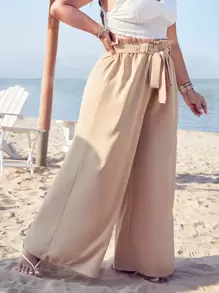 Calvaya Plus Paperbag Waist Tie Front Wide Leg Trousers - Khaki - View 3