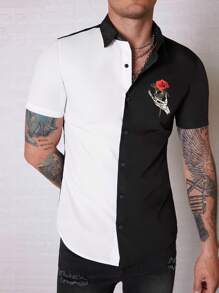 Manfinity Men Rose & Skeleton Finger Print Shirt - Black and White - View 1