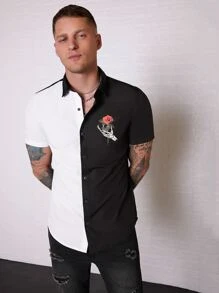 Manfinity Men Rose & Skeleton Finger Print Shirt - Black and White - View 3