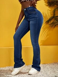 SHEIN SXY Slant Pocket Bootcut Leg Jeans - Dark Wash - View 4