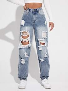 SHEIN EZwear 高腰破洞輕度水洗藍牛仔褲 - 淺色水洗藍 - 查看 1