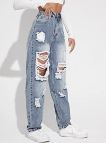 SHEIN EZwear 高腰破洞輕度水洗藍牛仔褲 - 淺色水洗藍 - 查看 3