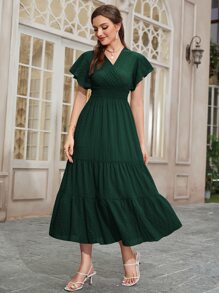 Seusyu Vestido maxí mujer con mangas de mariposa, volantes fruncidos y dobladillo con volantes - Verde Oscuro - Ver 1