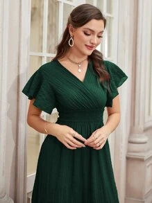 Seusyu Vestido maxí mujer con mangas de mariposa, volantes fruncidos y dobladillo con volantes - Verde Oscuro - Ver 3