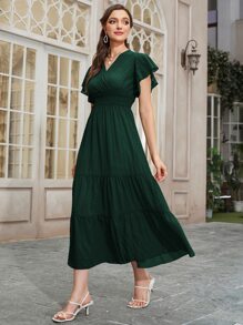 Seusyu Vestido maxí mujer con mangas de mariposa, volantes fruncidos y dobladillo con volantes - Verde Oscuro - Ver 4