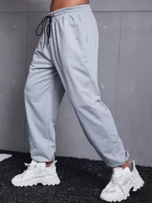 Manfinity Homme 男士加大口袋束口灰色運動長褲，休閒開叉樣式，禮物男友 - 淺灰色 - 查看 5