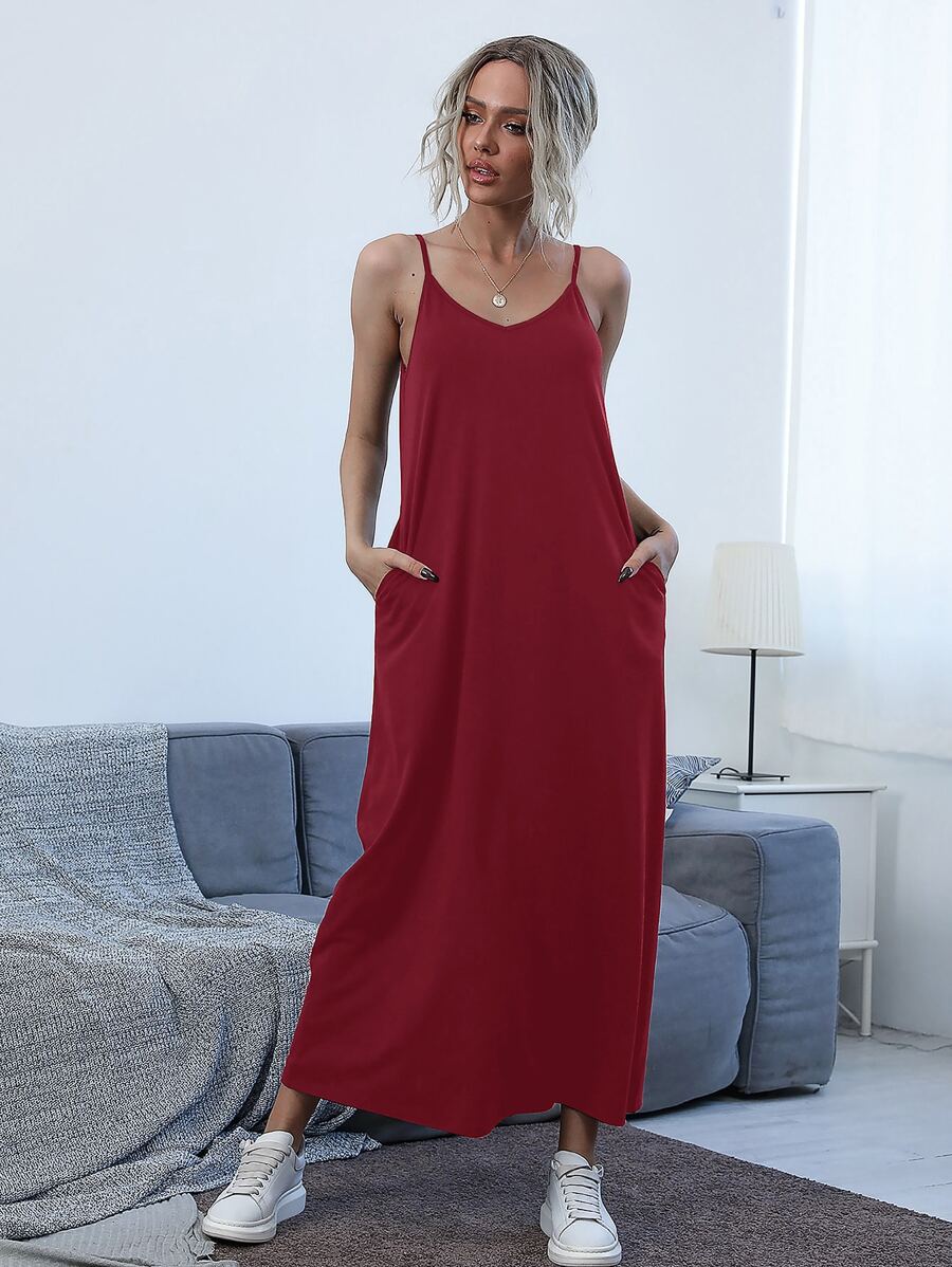 Chiquease Slant Pocket Solid Cami Dress - Burgundy - View 1