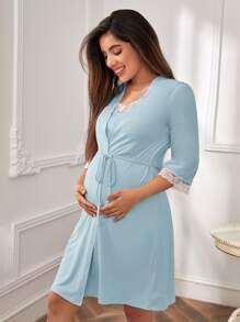 SHEIN 孕妇花卉蕾丝边睡袍及吊带裙，适合妈妈们秋冬穿着 - 淺藍色 - 查看 3