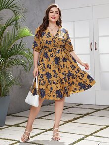 Mulvari Vestido con cinturón con estampado floral de manga farol bajo con fruncido - Amarillo - Ver 4