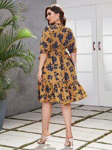 Mulvari Vestido con cinturón con estampado floral de manga farol bajo con fruncido - Amarillo - Ver 2