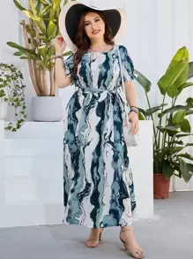 Lacomfia 大碼滿版印花繫腰帶連衣裙 - 彩色 - 查看 3