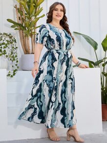 Lacomfia 大碼滿版印花繫腰帶連衣裙 - 彩色 - 查看 4