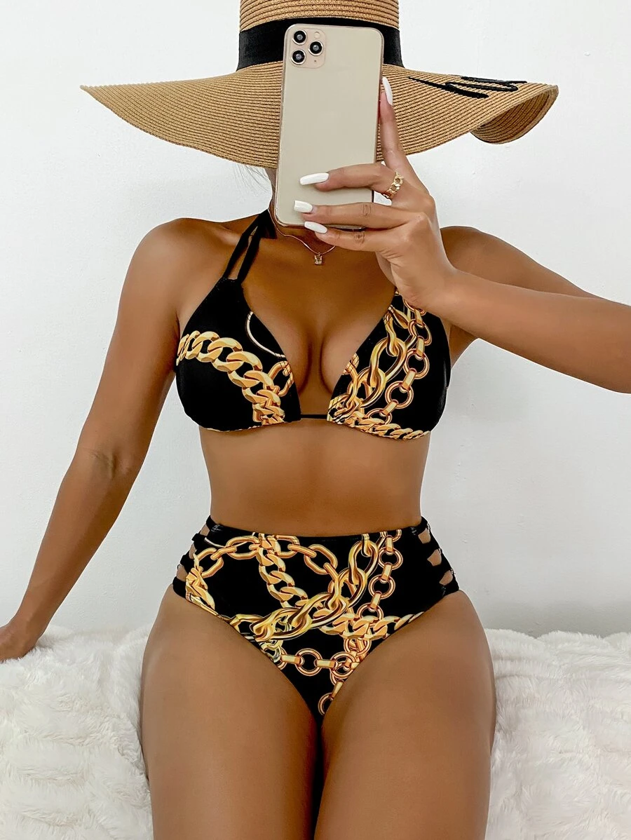 SHEIN Swim Summer Beach Random Chain Print Bikini Set Triangle Bra Top & Laser Cut Out High Waist Bikini Bottom 2 Pieces Bikini - Black - View 1