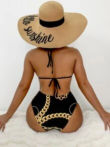 SHEIN Swim Summer Beach Random Chain Print Bikini Set Triangle Bra Top & Laser Cut Out High Waist Bikini Bottom 2 Pieces Bikini - Black - View 2
