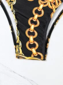 SHEIN Swim Summer Beach Random Chain Print Bikini Set Triangle Bra Top & Laser Cut Out High Waist Bikini Bottom 2 Pieces Bikini - Black - View 7