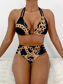 SHEIN Swim Summer Beach Random Chain Print Bikini Set Triangle Bra Top & Laser Cut Out High Waist Bikini Bottom 2 Pieces Bikini - Black - View 8