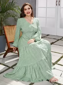 Mulvari 大碼紙屑愛心圖案燈籠袖荷葉邊連衣裙 - 綠色 - 查看 1