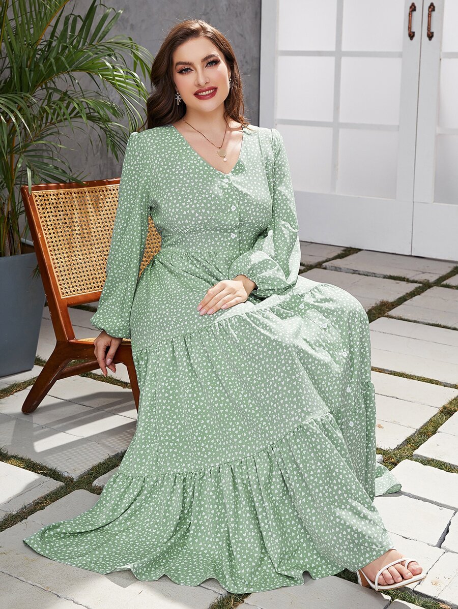 Mulvari 大碼紙屑愛心圖案燈籠袖荷葉邊連衣裙 - 綠色 - 查看 1