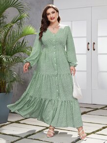 Mulvari 大碼紙屑愛心圖案燈籠袖荷葉邊連衣裙 - 綠色 - 查看 3
