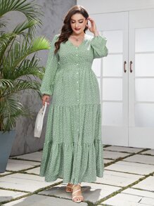 Mulvari 大碼紙屑愛心圖案燈籠袖荷葉邊連衣裙 - 綠色 - 查看 4