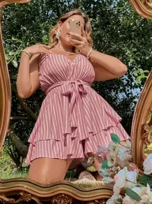 Flirla Plus Size Boho Vertical Striped Layered Hem Belted Cami Romper, For Summer - Dusty Pink - View 1