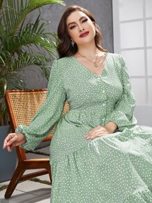 Mulvari 大碼紙屑愛心圖案燈籠袖荷葉邊連衣裙 - 綠色 - 查看 5