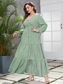 Mulvari 大碼紙屑愛心圖案燈籠袖荷葉邊連衣裙 - 綠色 - 查看 6