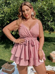 Flirla Plus Size Boho Vertical Striped Layered Hem Belted Cami Romper, For Summer - Dusty Pink - View 4