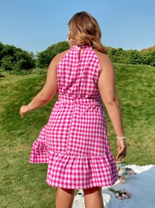 SHEIN Unity Vestido halter de guingán bajo con fruncido con cinturón - Rosa Fucsia - Ver 2