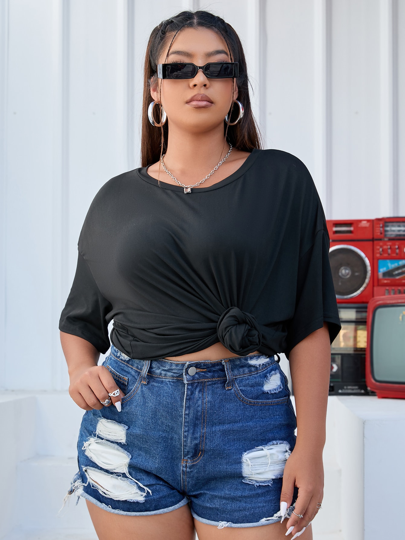 SHEIN Coolane Plus Butterfly Embroidered Cut Out Back Drop Shoulder Tee